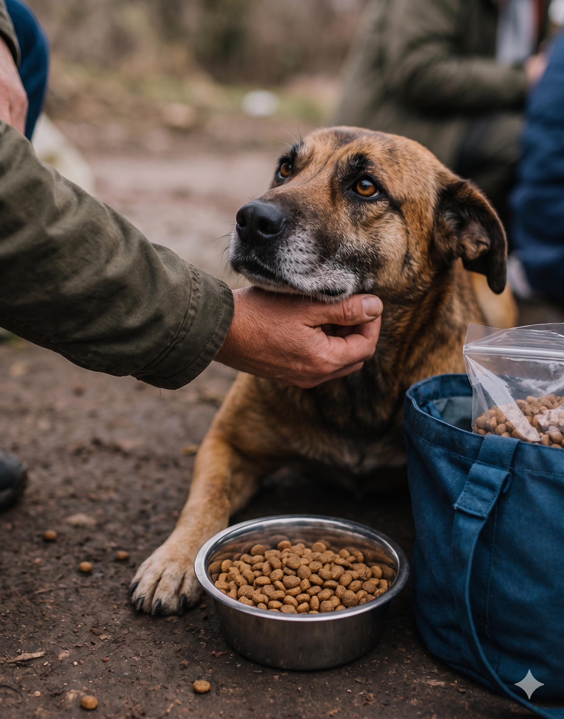 Volunteer feeding a dog